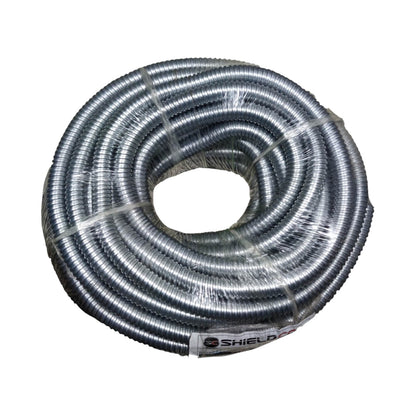 A coiled silver metal duct pipe with a corrugated texture, wrapped in clear plastic and secured with a white tape label showing the brand 'SHIELD'.