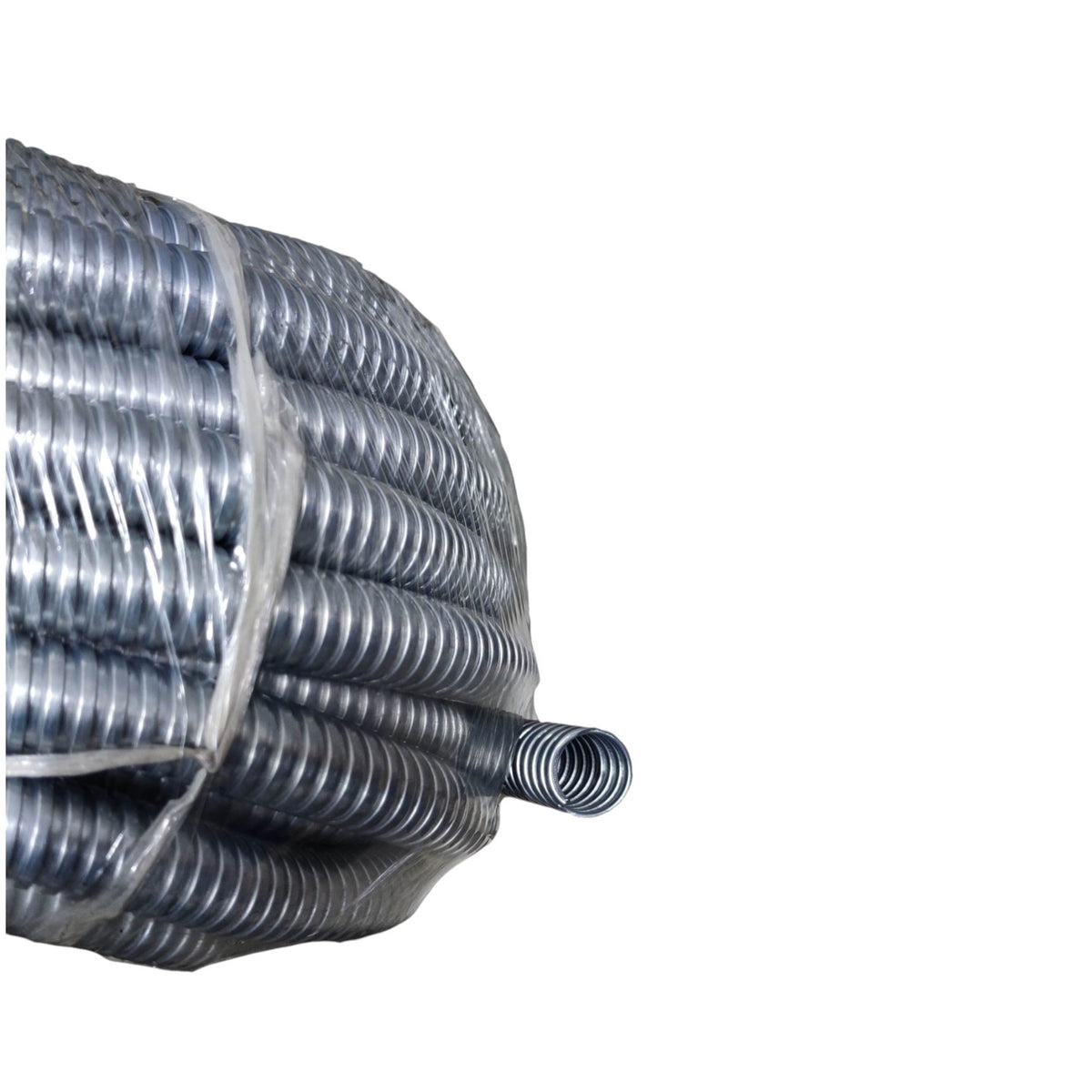 A coiled roll of galvanized corrugated metal pipe wrapped in clear plastic, shown on a plain white background.