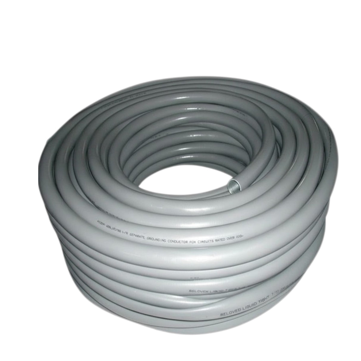 A coiled gray electrical cable or conduit on a plain white background.