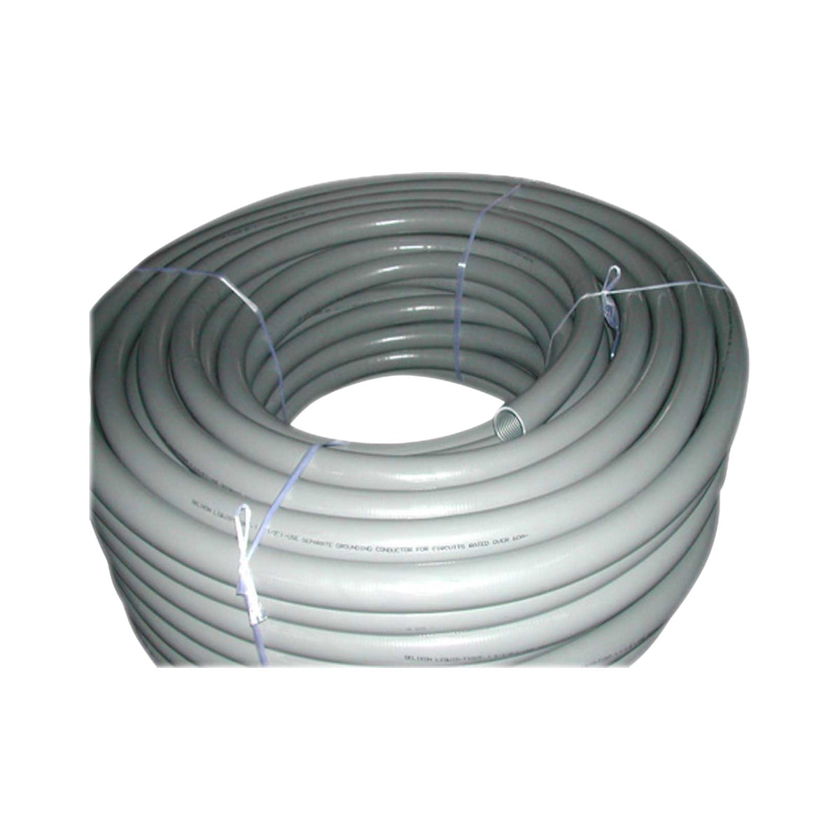 A coiled roll of gray plastic pipe or tubing secured with white ties, shown against a plain white background.