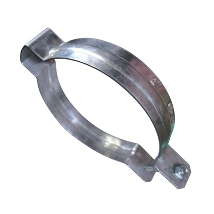 A galvanized steel pipe clamp with a hex bolt and washer, shown on a plain white background.