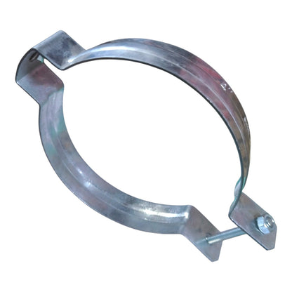 A galvanized steel pipe clamp with a curved band and a threaded fastener on one side, shown against a plain white background.