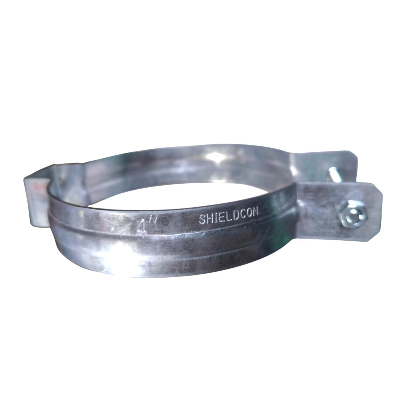 A galvanized steel hose clamp with a flat band and a bolted end, featuring the brand name 'SHIELDCON' stamped on the metal, set against a plain white background.