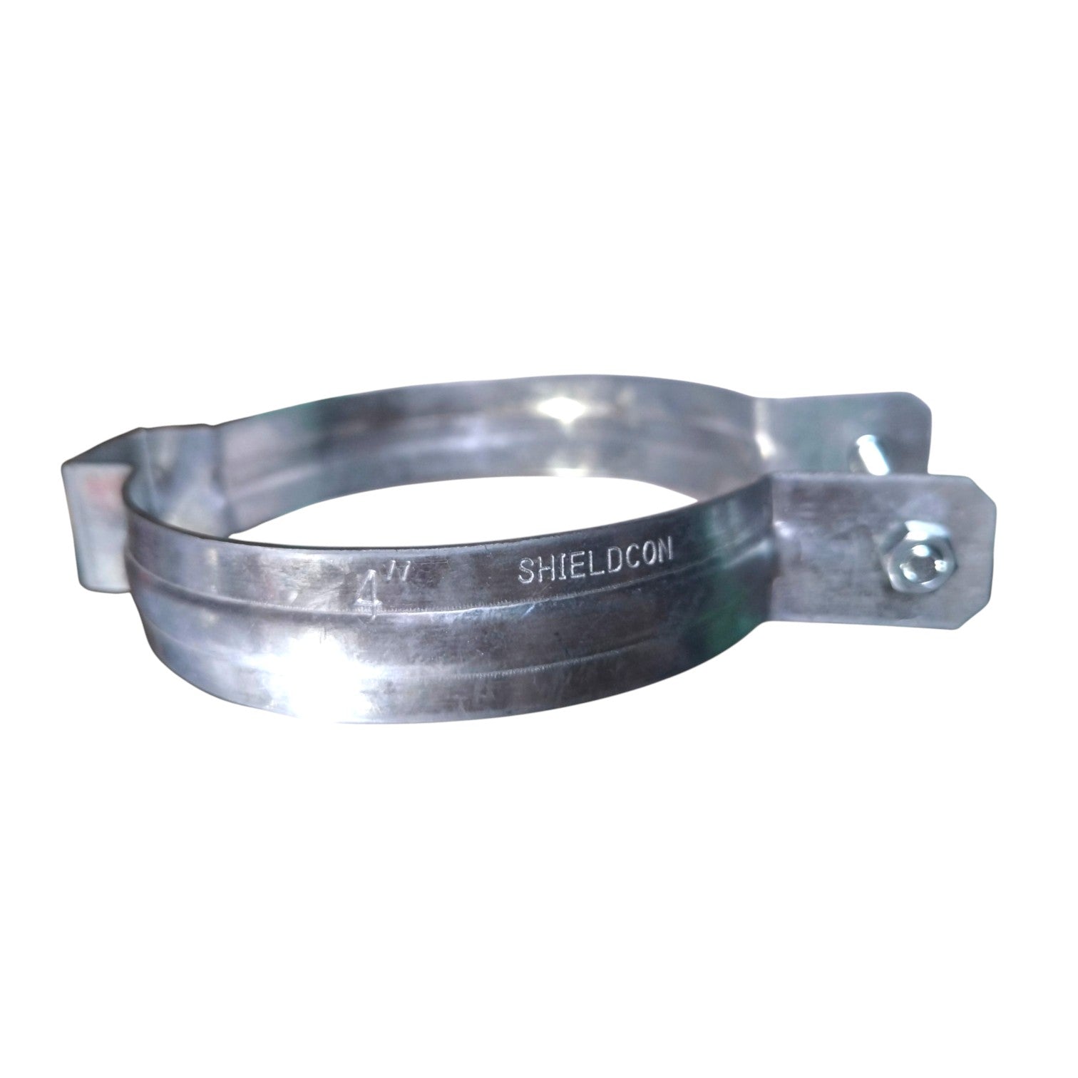 A galvanized steel hose clamp with a flat band and a bolted end, featuring the brand name 'SHIELDCON' stamped on the metal, set against a plain white background.