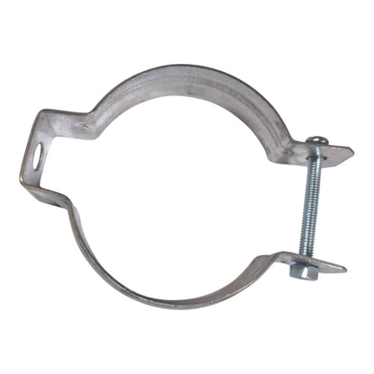 Galvanized metal pipe clamp with a threaded screw fastener, isolated on a white background.