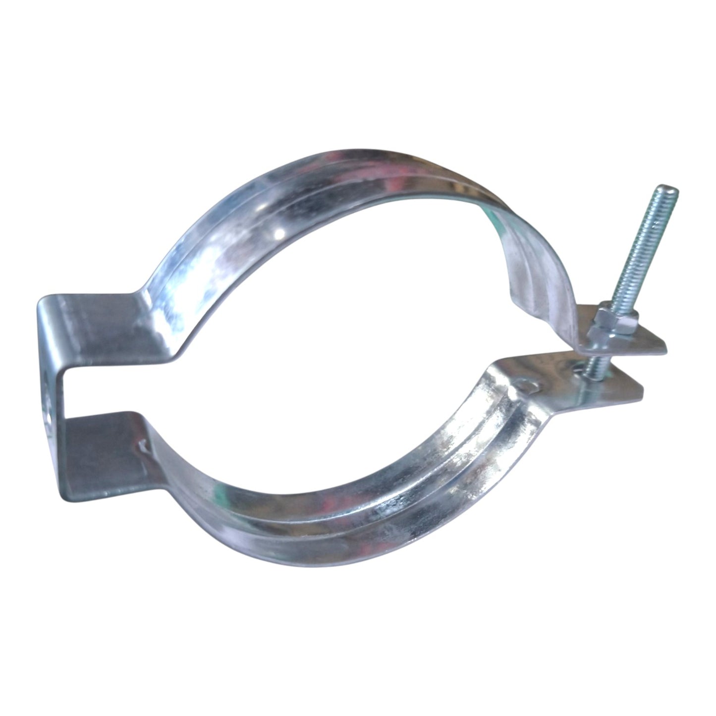 Galvanized steel pipe clamp with a wing nut, shown on a plain white background.