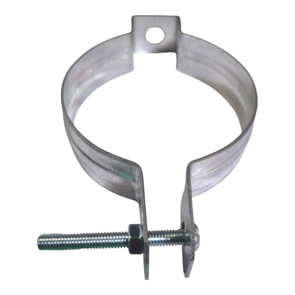 A galvanized steel U-bend clamp with a mounting bracket and a threaded bolt, shown on a plain white background.