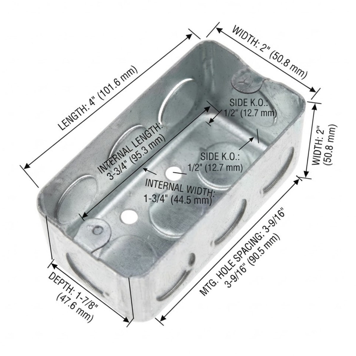 A metal electrical junction box shown on a white background with dimension callouts and labels for length, width, depth, internal length, internal width, side K.O.