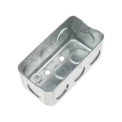 A rectangular metal electrical junction box with pre-drilled screw terminals and grounding holes, shown on a plain white background.
