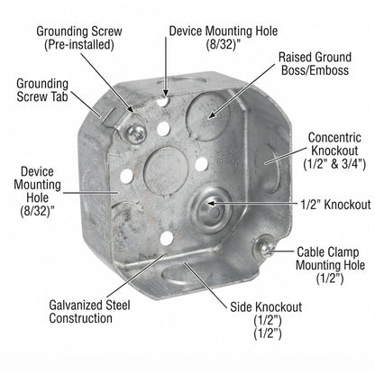 A labeled technical diagram of a galvanized steel electrical junction box on a white background, with callouts pointing to mounting holes, knockouts, grounding screw, and cable clamp.