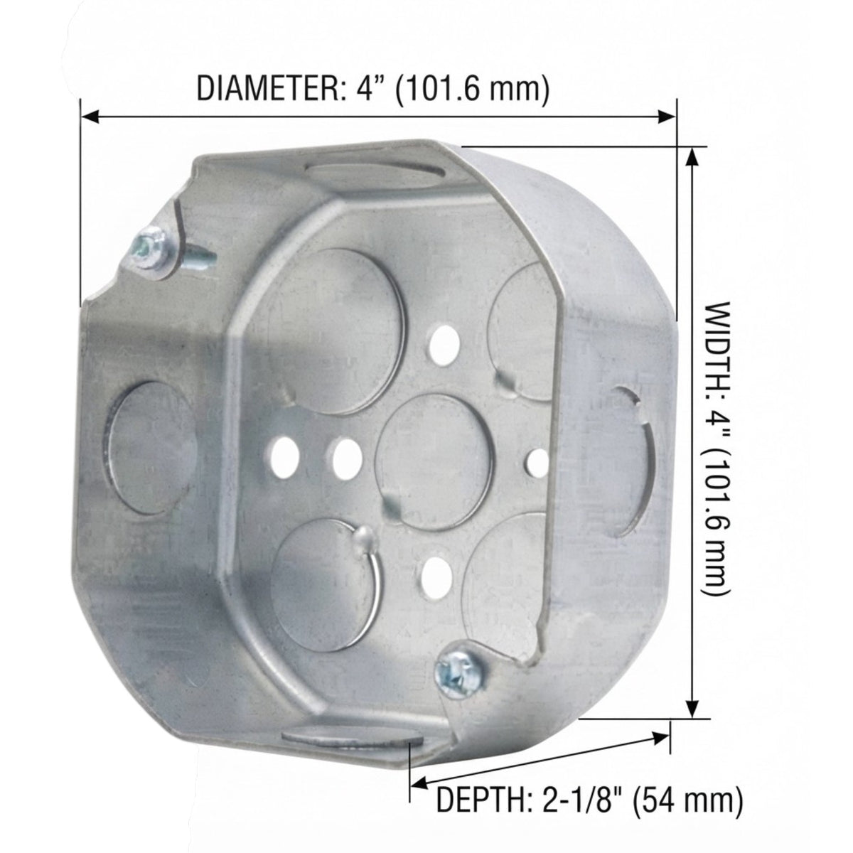 A metal electrical junction box shown on a white background with dimension lines and text indicating diameter 4 inches (101.6 mm), width 4 inches (101.