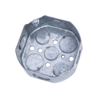 Galvanized metal electrical junction box with pre-drilled screw holes and circular grounding rings, shown on a plain white background.