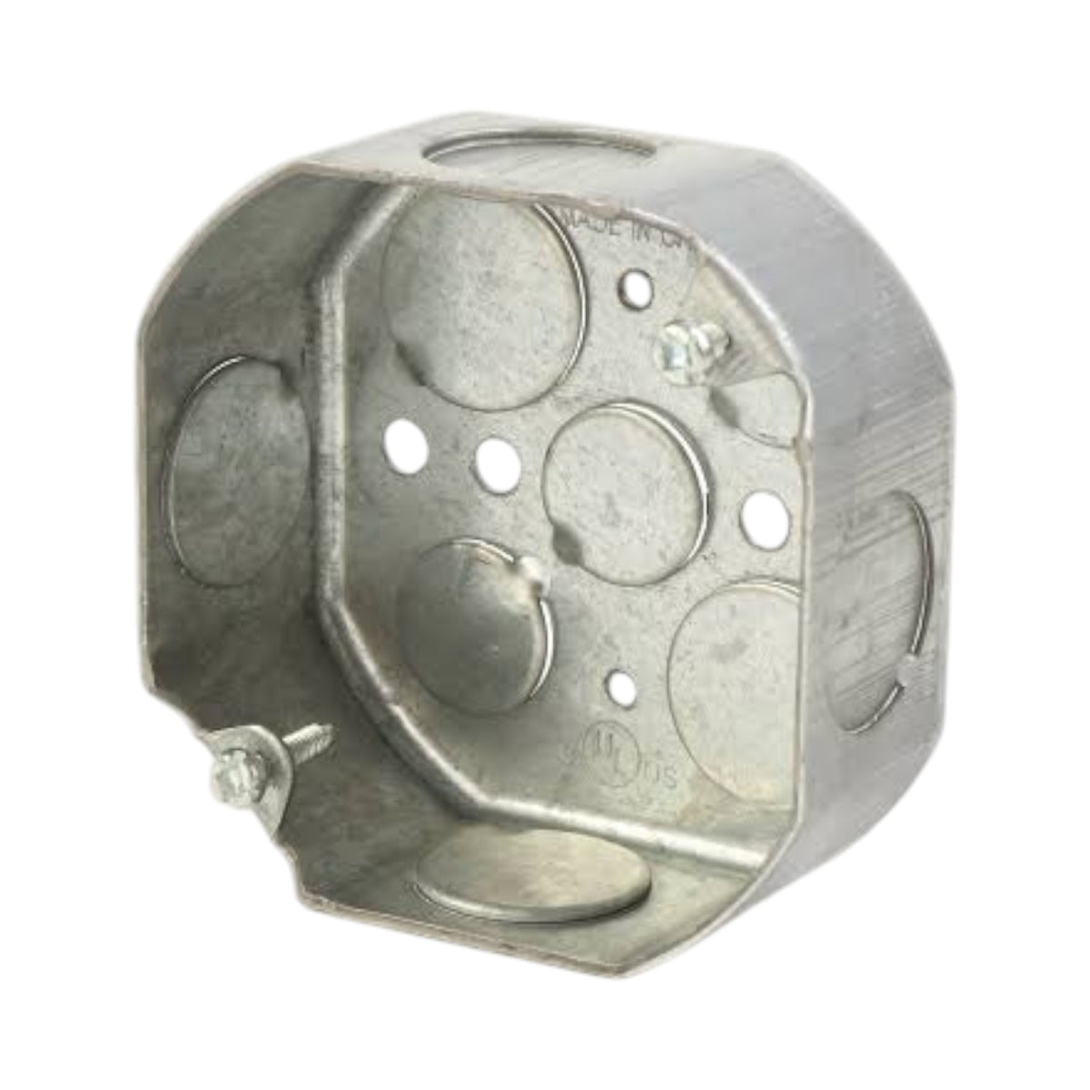 A galvanized steel electrical junction box with pre-drilled screw terminals and circular grounding rings, shown on a plain white background.