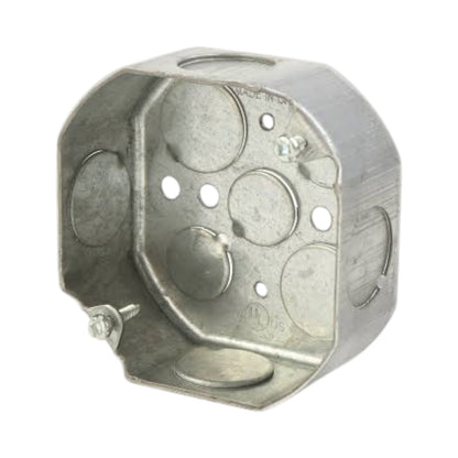 A galvanized steel electrical junction box with pre-drilled screw terminals and circular grounding rings, shown on a plain white background.