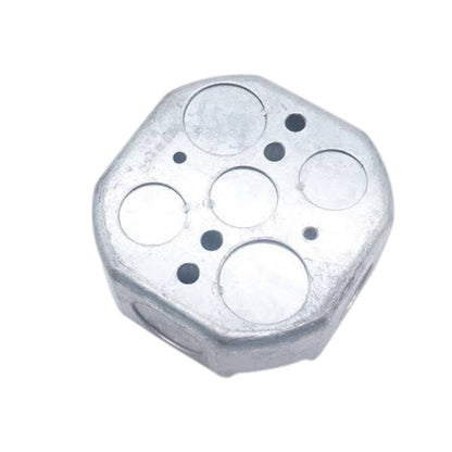 A silver-toned metal hexagonal bead with circular cutouts, shown on a plain white background.