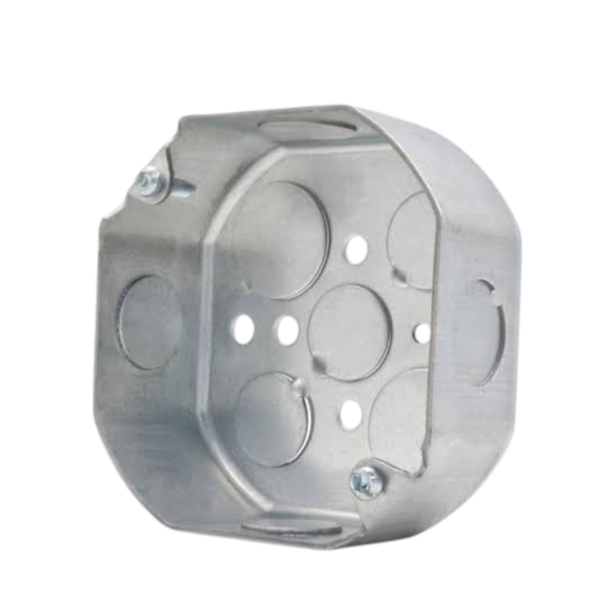 A galvanized steel electrical junction box with pre-drilled screw holes and circular mounting slots, shown on a plain white background.
