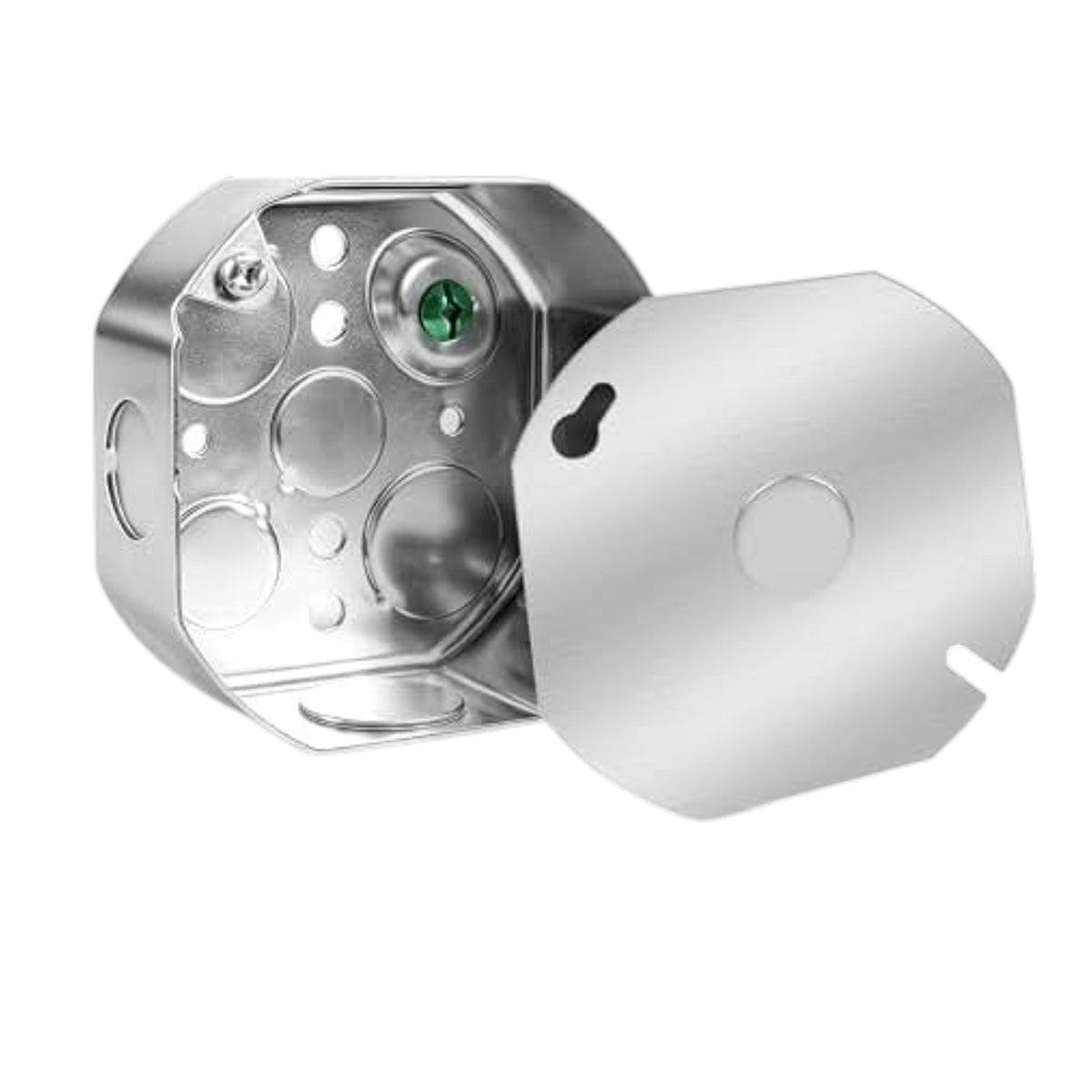 A stainless steel electrical junction box with a matching metal cover plate shown on a plain white background.