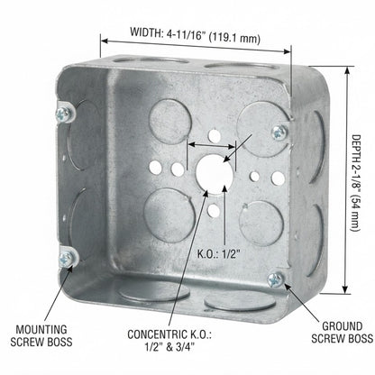 Galvanized metal electrical junction box with dimension annotations showing width, depth, and labeled screw bosses and concentric K.O.
