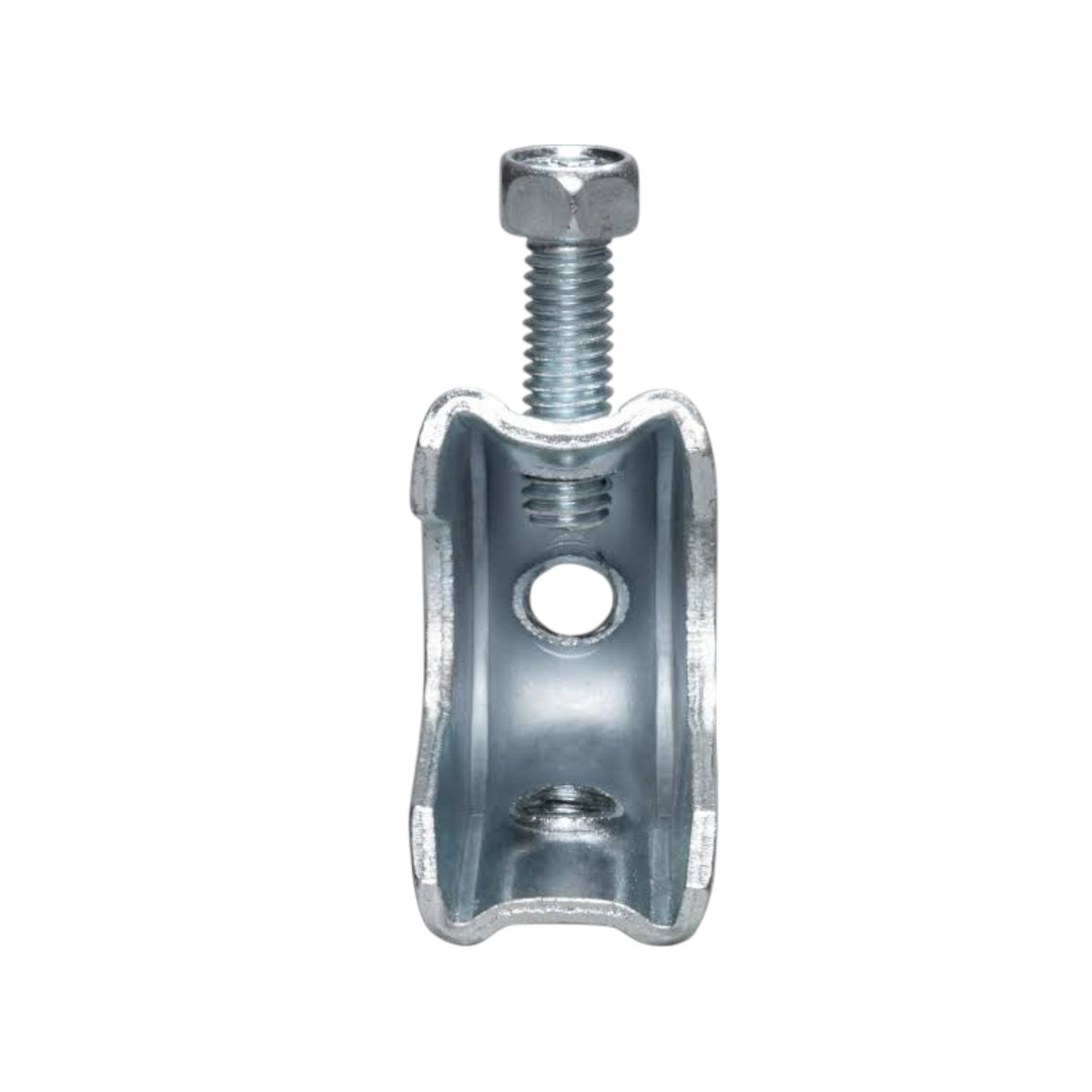Galvanized steel U-bolt connector with a hex bolt, threaded stem, and mounting holes, shown on a plain white background.