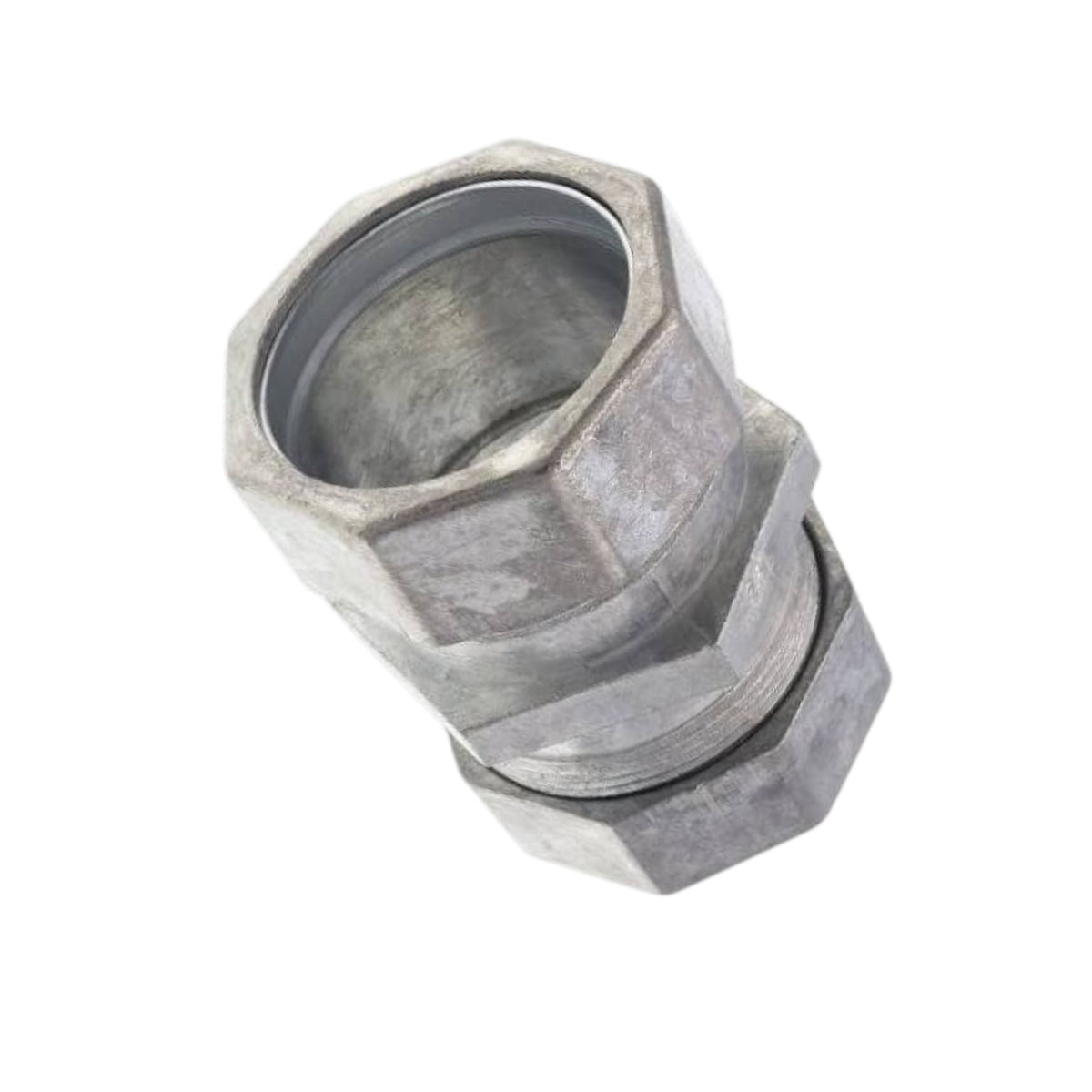 A galvanized metal hexagonal pipe connector fitting, isolated on a white background.