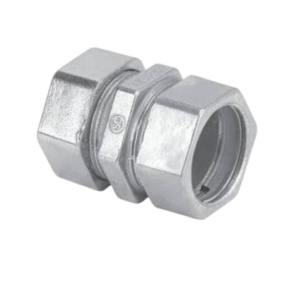 A galvanized metal hexagonal cable gland connector on a plain white background.