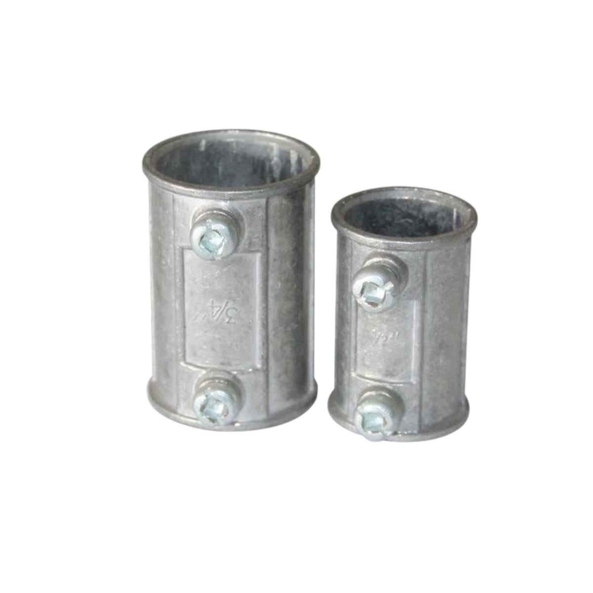 Two galvanized metal pipe couplers of different sizes on a plain white background.
