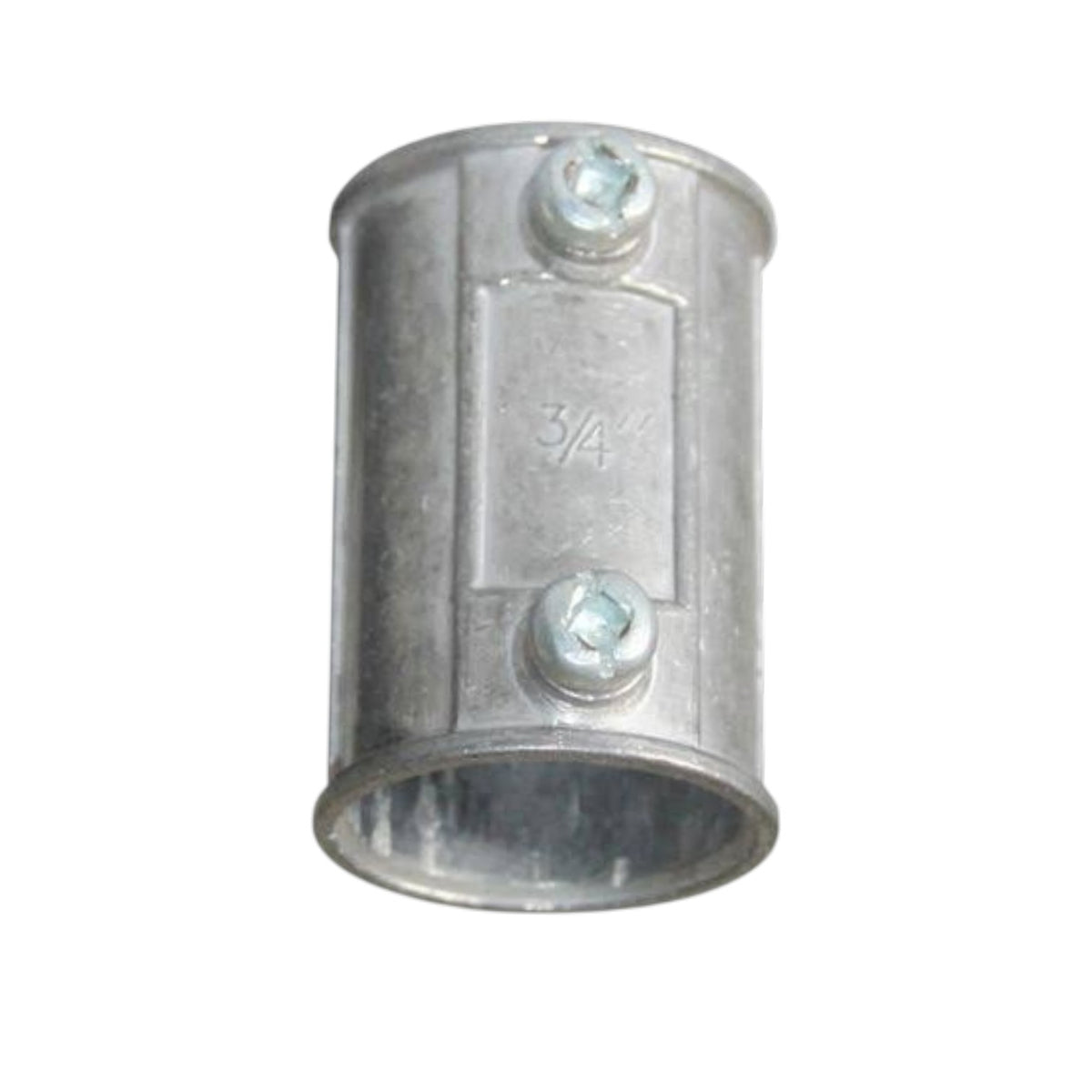 A galvanized metal 3/4 inch sleeve coupler with two threaded bolted connections, shown on a plain white background.