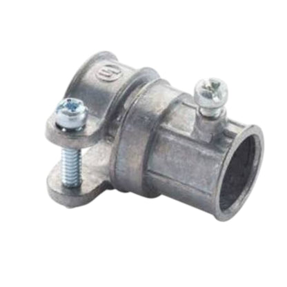 A galvanized metal pipe coupler with a clamp-style flange and two visible silver screws, shown on a plain white background.