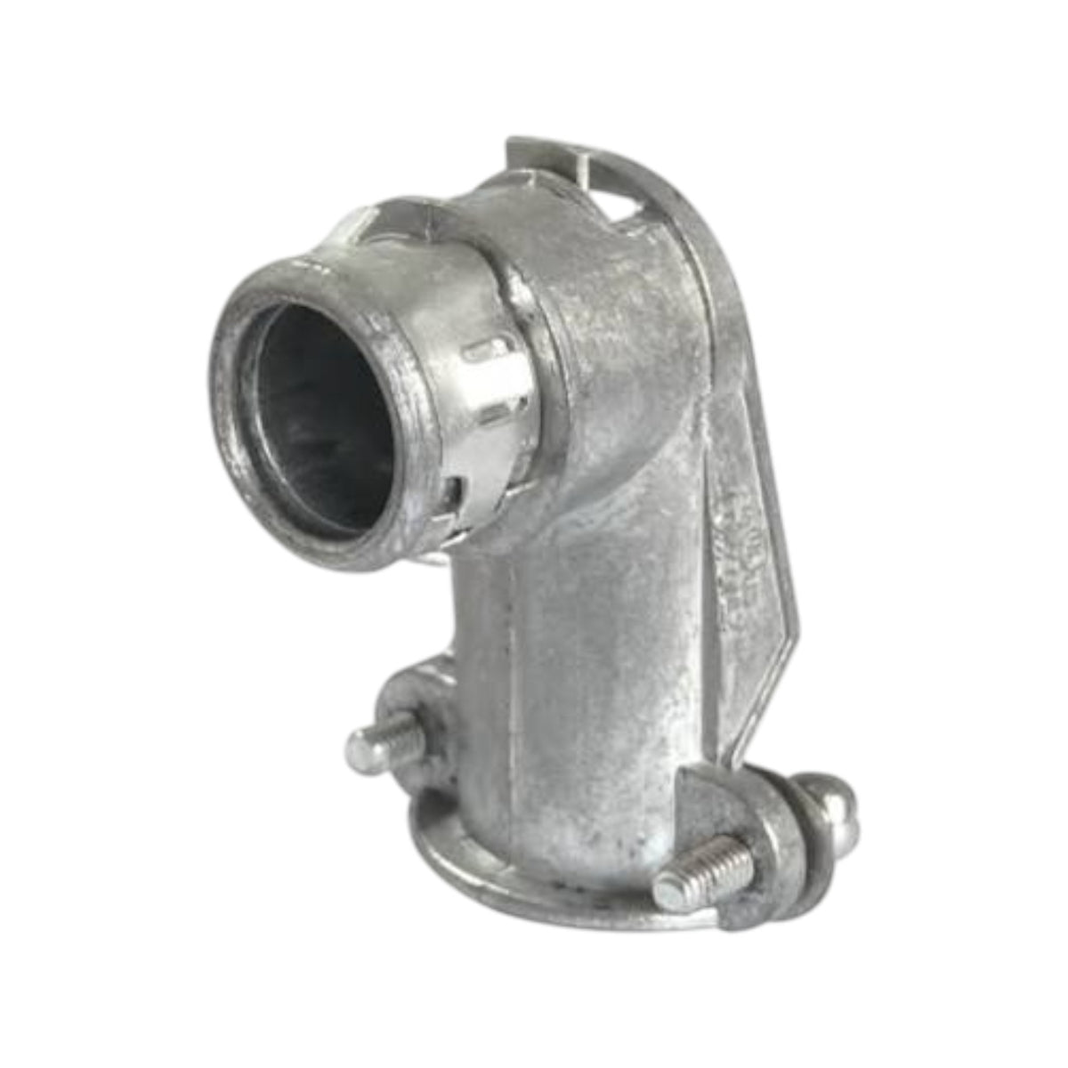 Galvanized metal elbow pipe fitting with a threaded connection on one end and a clamp assembly on the other, shown on a plain white background.