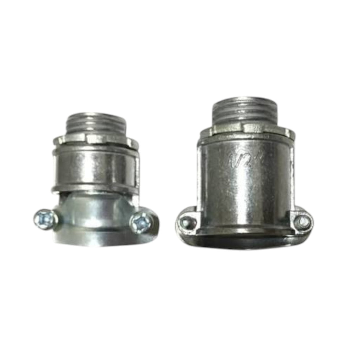 Two galvanized metal pipe couplers shown on a plain white background, one facing forward and one facing sideways.