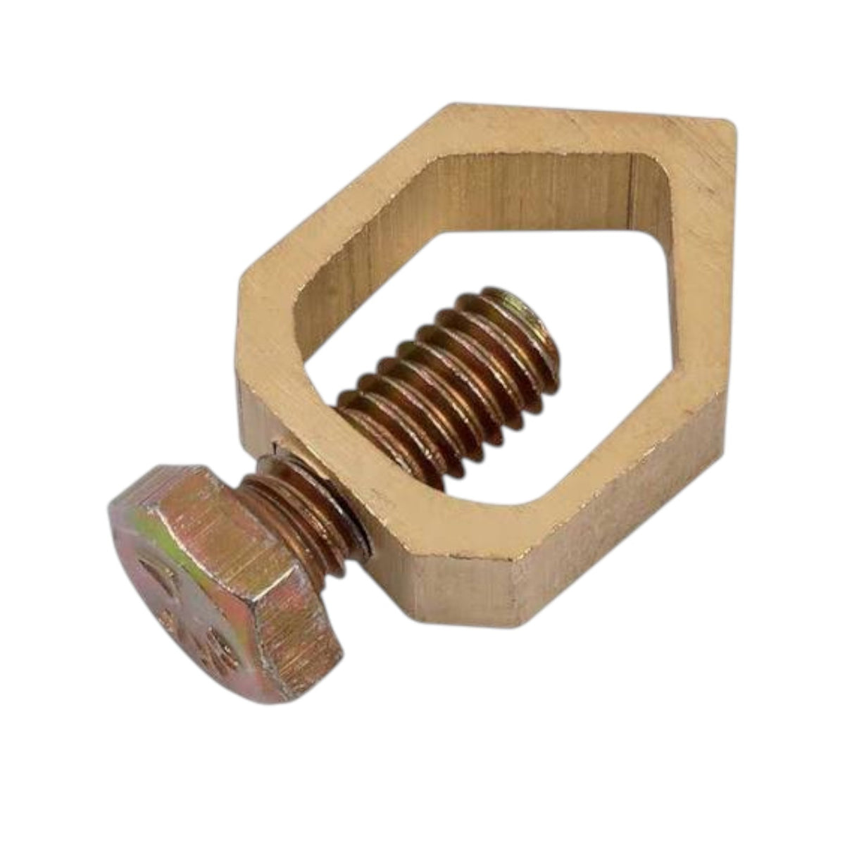 A hexagonal metal clamp or bracket with a threaded screw and a hexagonal bolt head, shown on a plain white background.