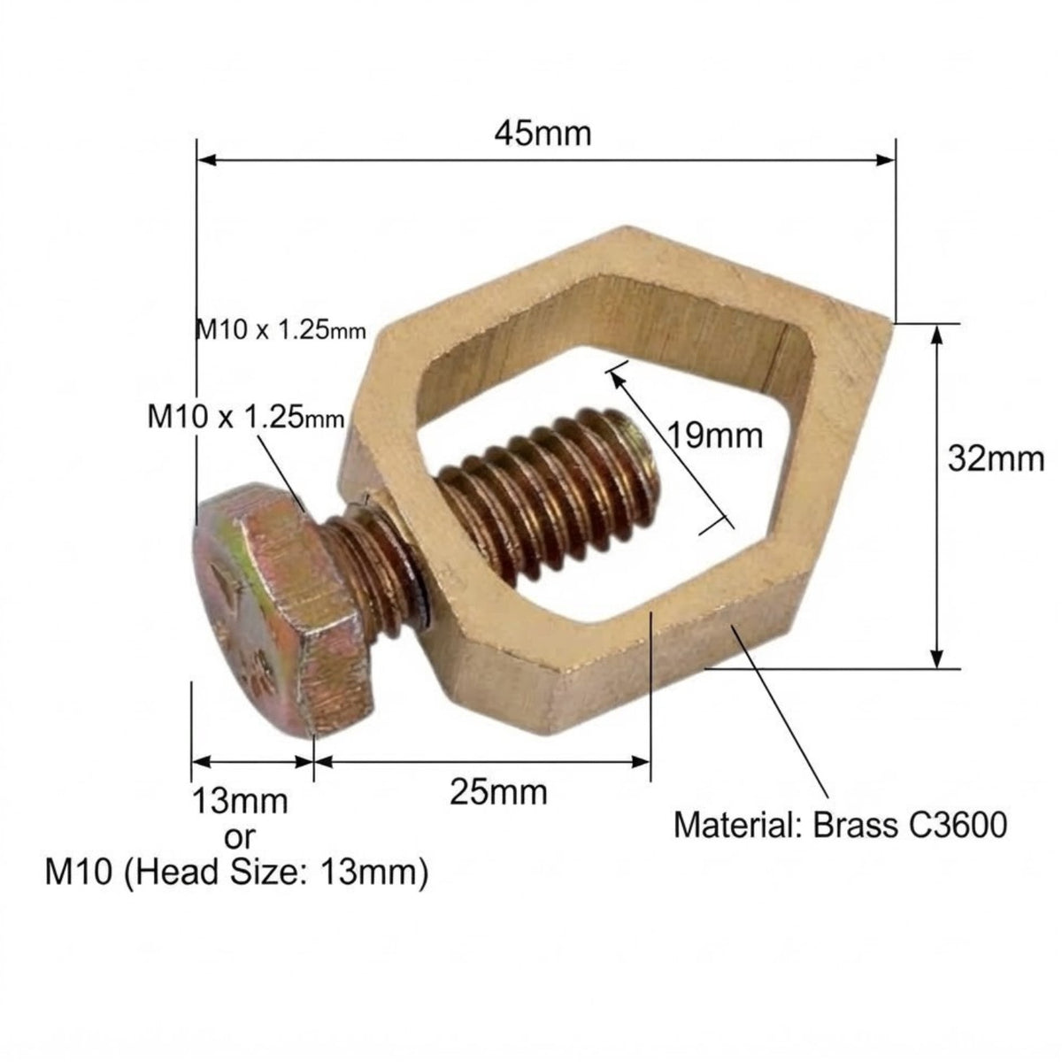 A brass hexagonal bracket with a threaded bolt shown on a white background with dimension labels and measurements.
