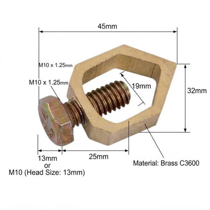 A brass hexagonal bracket with a threaded bolt shown on a white background with dimension labels and measurements.