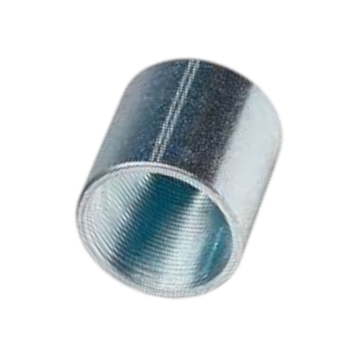 A galvanized metal pipe sleeve or coupler with a threaded interior, shown on a plain white background.
