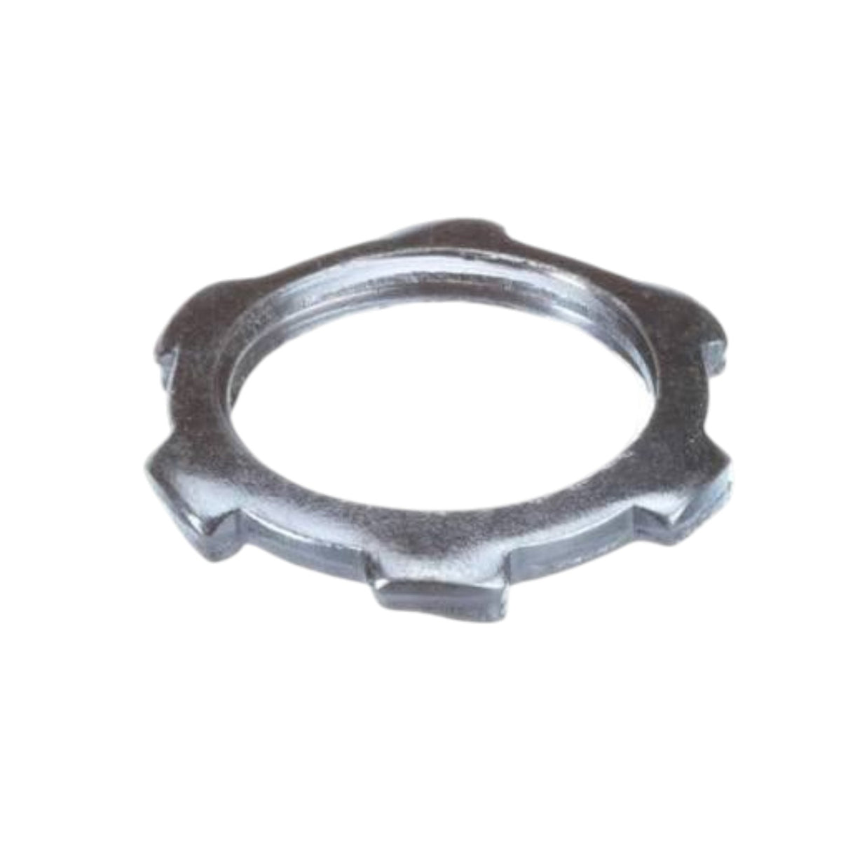A silver metal hex nut or lock washer with a serrated outer edge, shown on a plain white background.