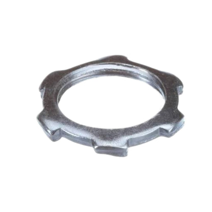 A silver metal hex nut or lock washer with a serrated outer edge, shown on a plain white background.