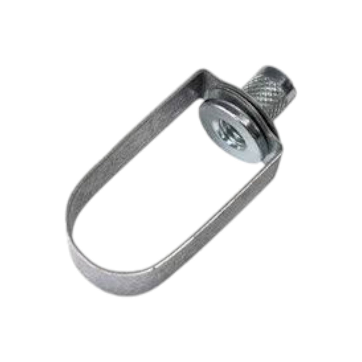 A silver metal U-bolt with a knurled thumb screw head and a flat washer, isolated on a white background.