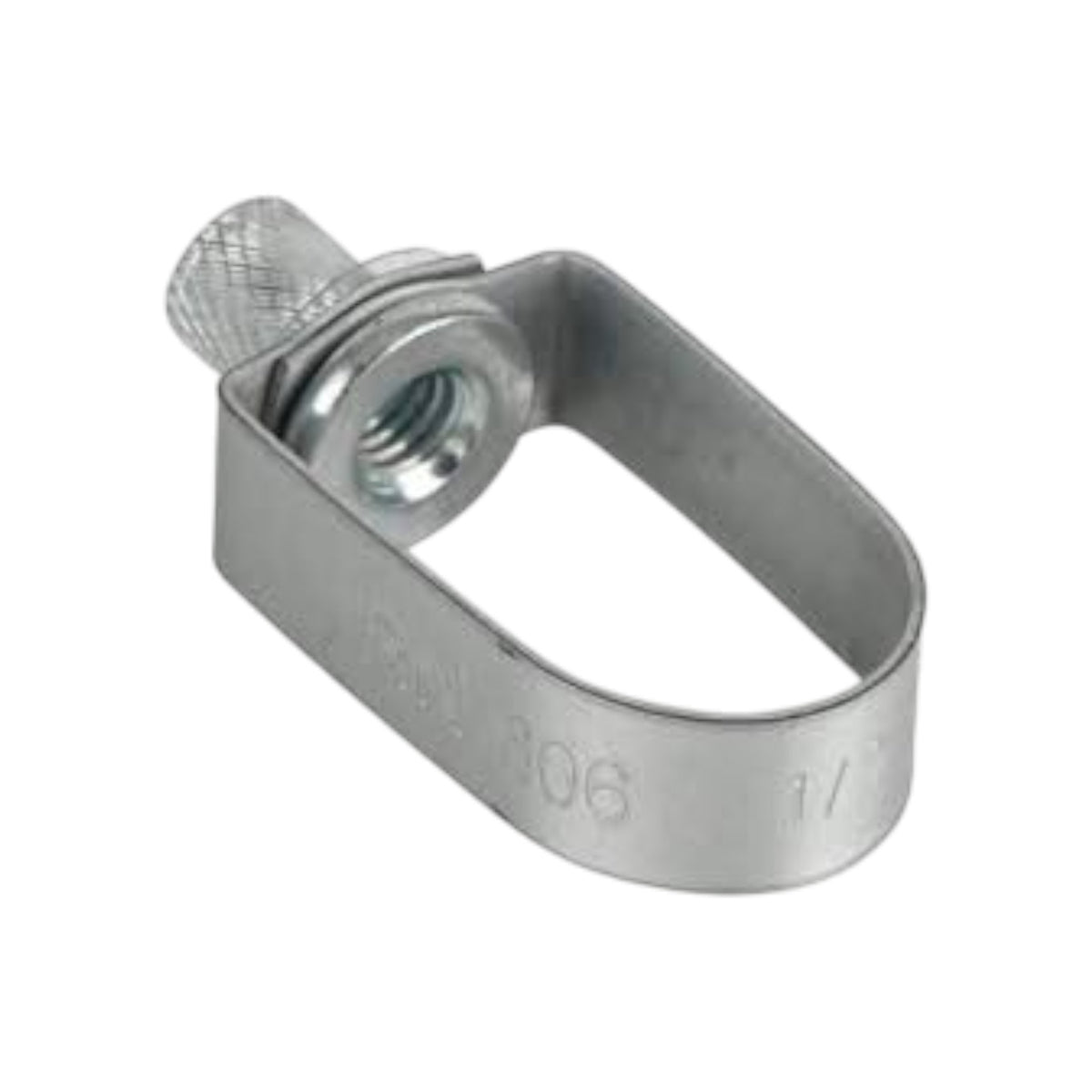 A silver metal U-bolt with a threaded head and a knurled thumb screw, shown on a plain white background.
