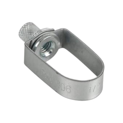 A silver metal U-bolt with a threaded head and a knurled thumb screw, shown on a plain white background.