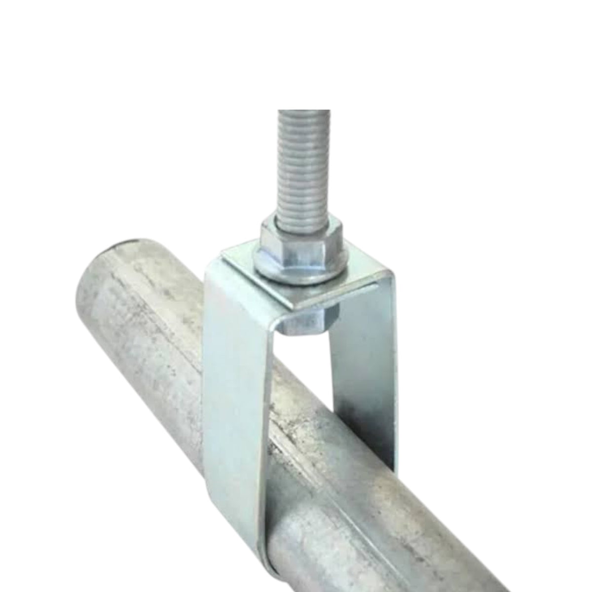 Galvanized steel pipe connector with a square clamp, hex nut, and threaded bolt on a plain white background.