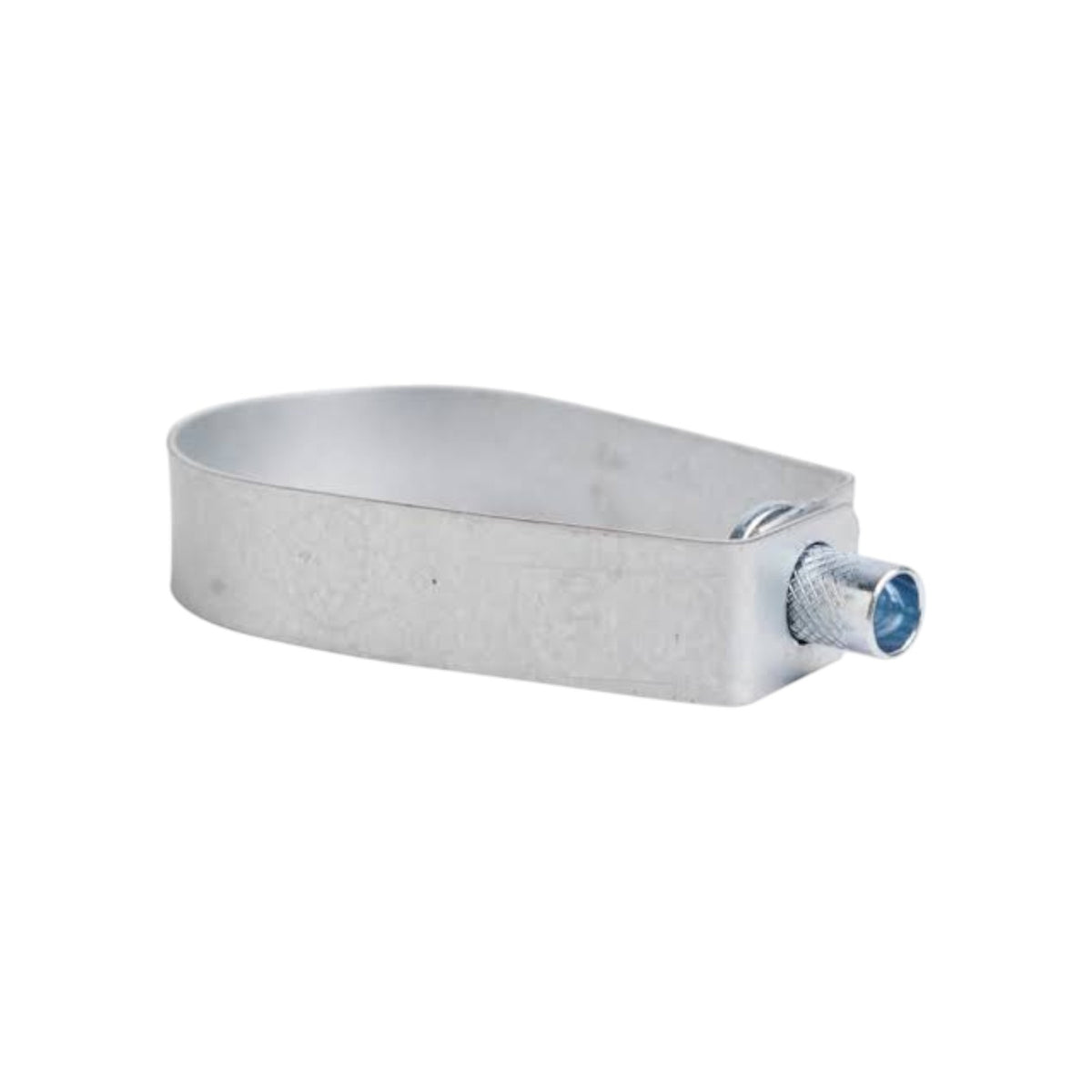 A galvanized steel mounting bracket with a threaded screw connector on the side, shown against a plain white background.