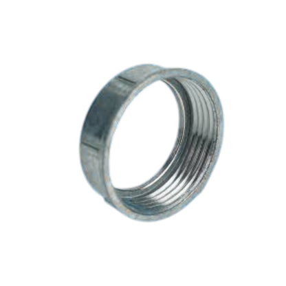 A galvanized metal threaded ring or coupler, isolated on a white background.