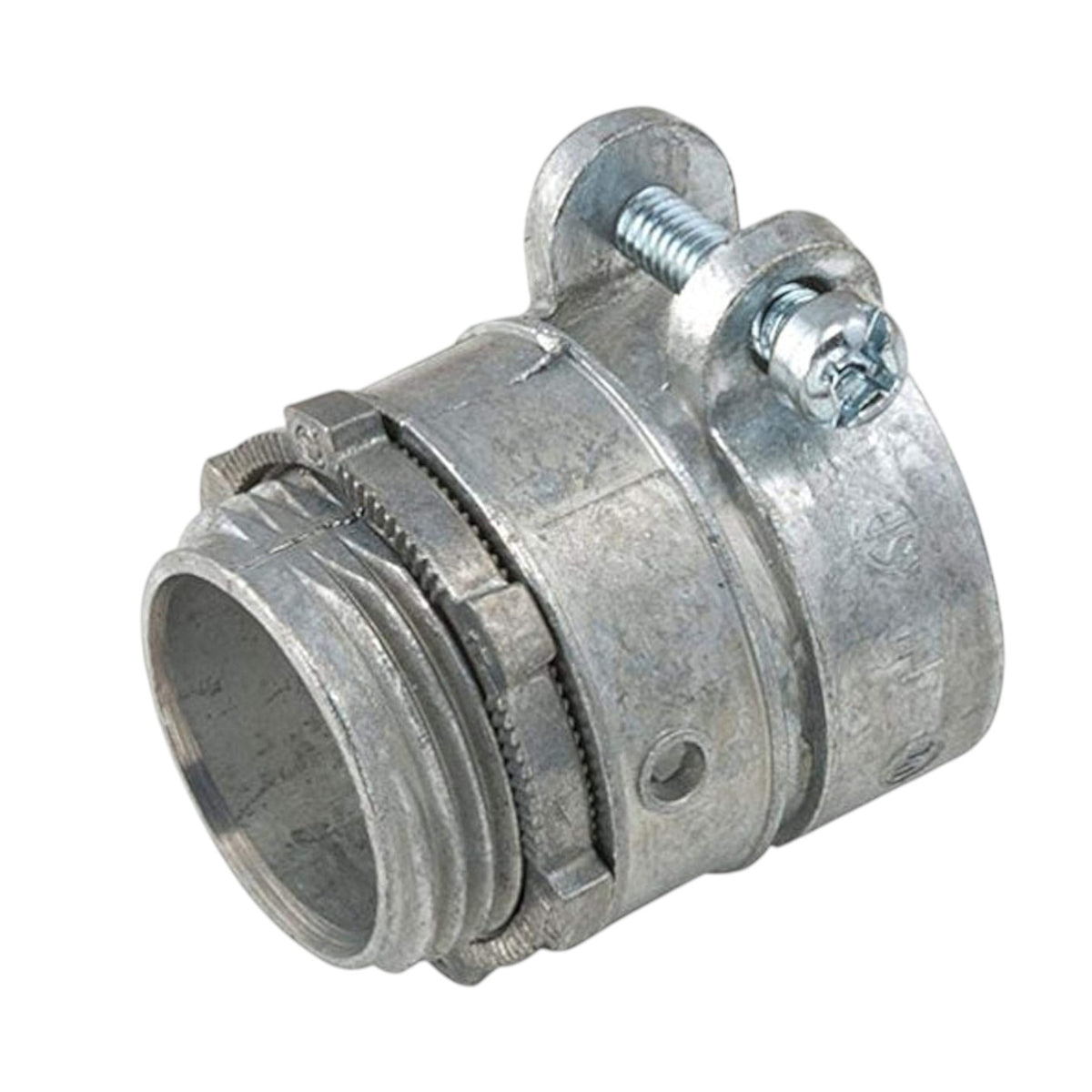 A galvanized metal pipe coupling fitting with a threaded connection on one end and a screw-on clamp with a flat mounting plate on the other, shown on a plain white background.