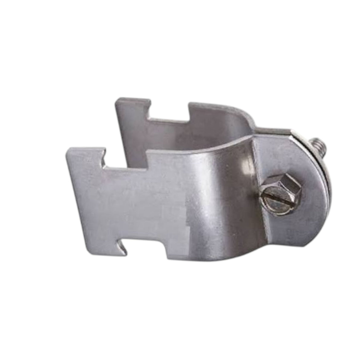 A silver metal mounting bracket or clamp with a hex screw fastener, shown on a plain white background.