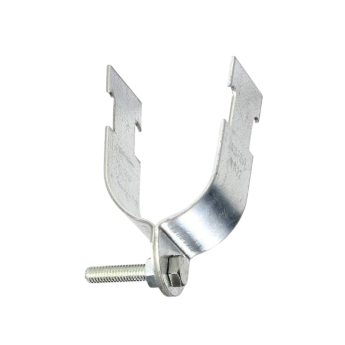 A galvanized steel U-bolt clip with a threaded screw fastener, shown on a plain white background.