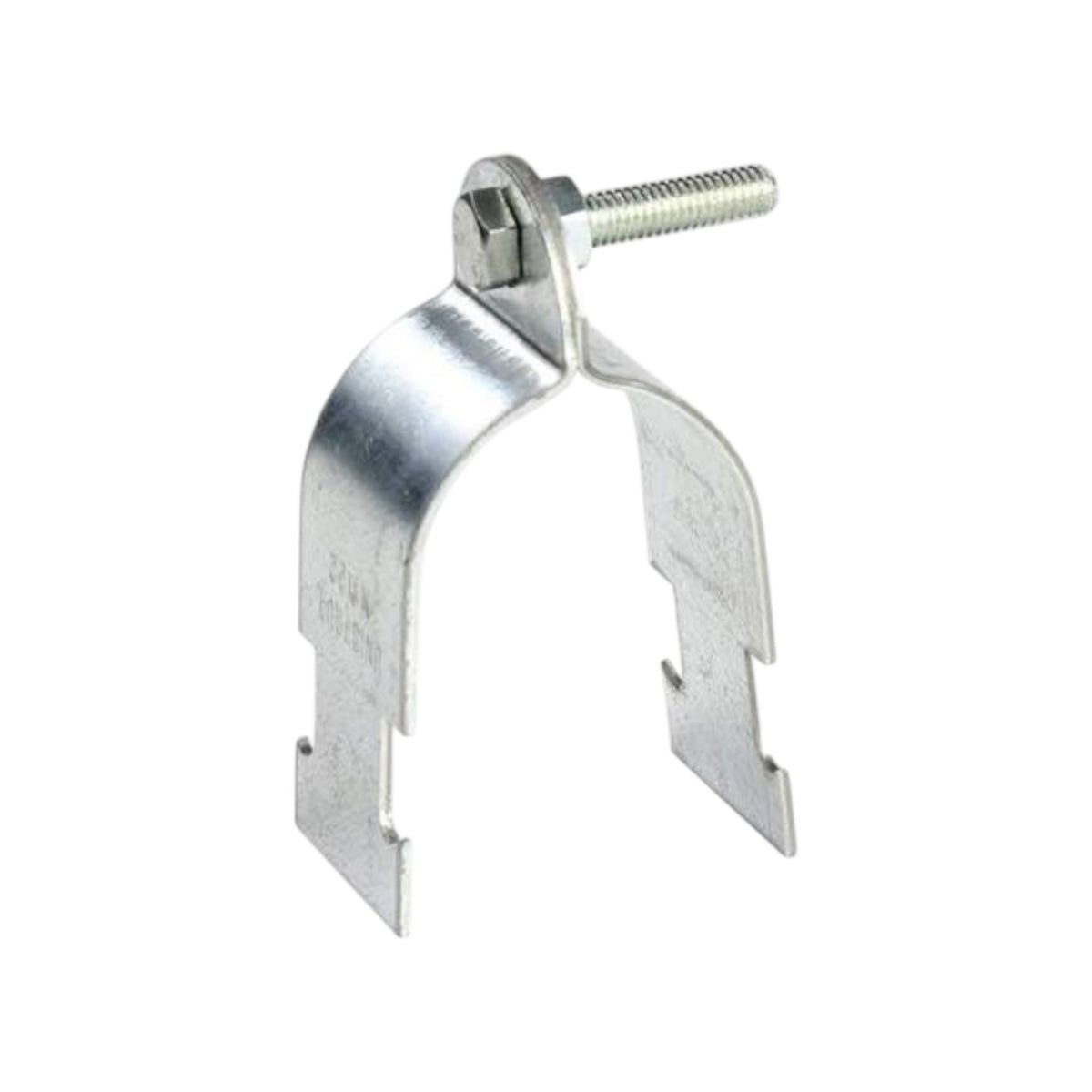 A galvanized steel U-bolt clamp with a threaded bolt and nut, shown on a plain white background.