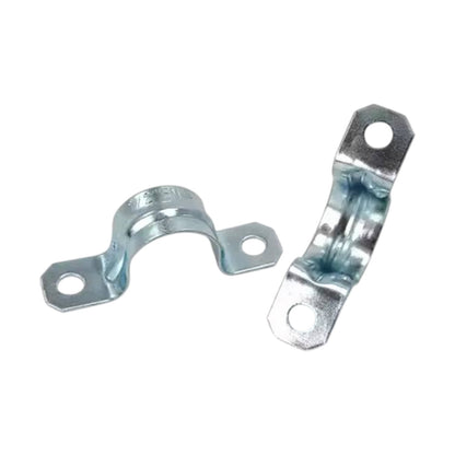 Two galvanized metal cable ties shown on a plain white background, one in a U-shape and one in a flat loop shape.