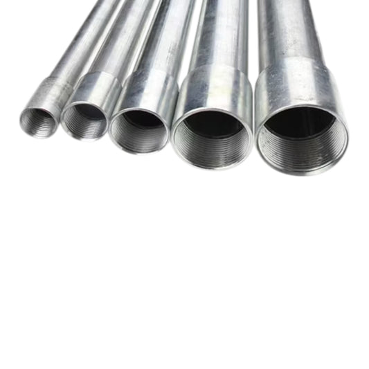 Five galvanized metal pipes of varying diameters arranged diagonally, showing threaded ends, on a plain white background.