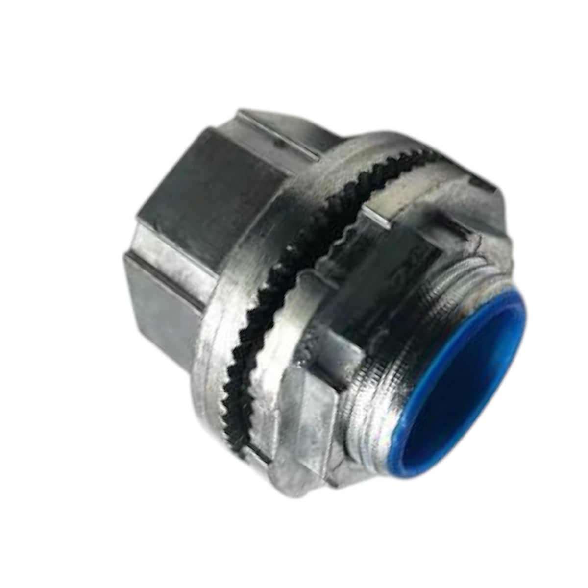 A metal threaded connector fitting with a blue inner lining, shown on a plain white background.
