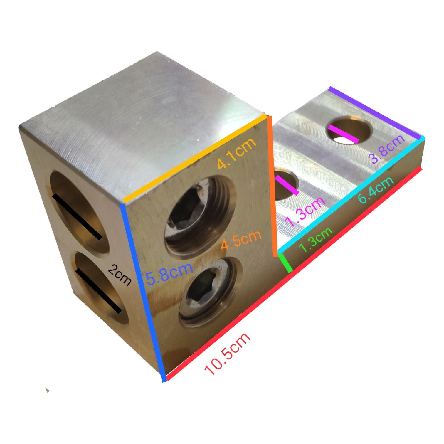 Metal block with dimensions labeled on a white background